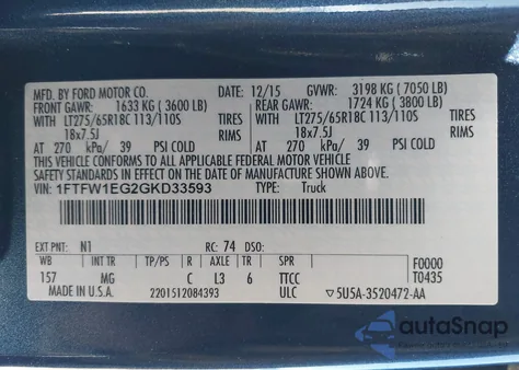 2016 Ford F-150 Xlt из США, поврежденный, VIN 1FTFW1EG2GKD33593